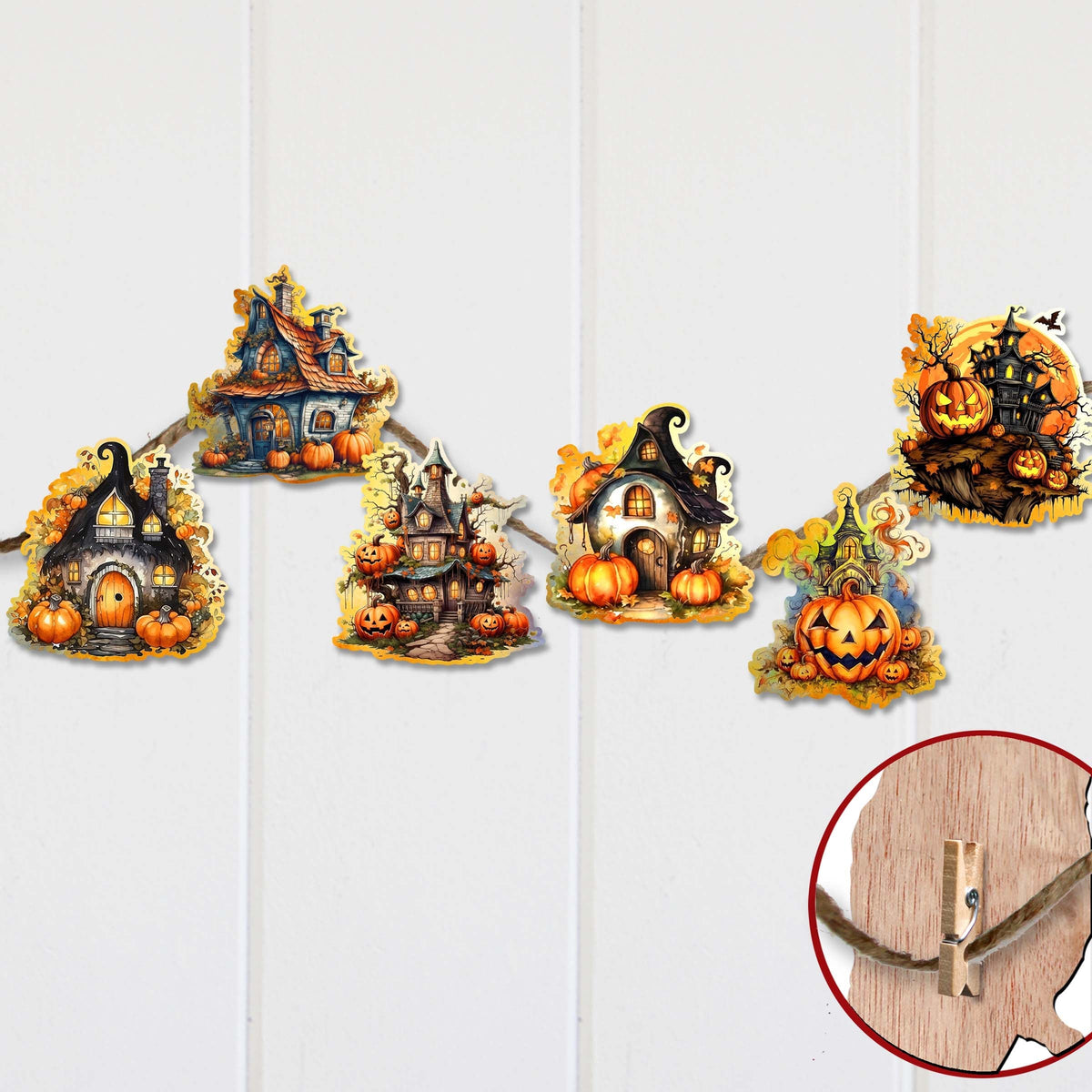 Spooky Houses Clip-On Eco Wood Decorative Ornaments Set of 6 by G. Debrekht - Halloween Decor - 8090007C-S6