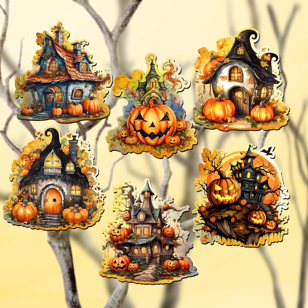 Spooky Houses Clip-On Eco Wood Decorative Ornaments Set of 6 by G. Debrekht - Halloween Decor - 8090007C-S6