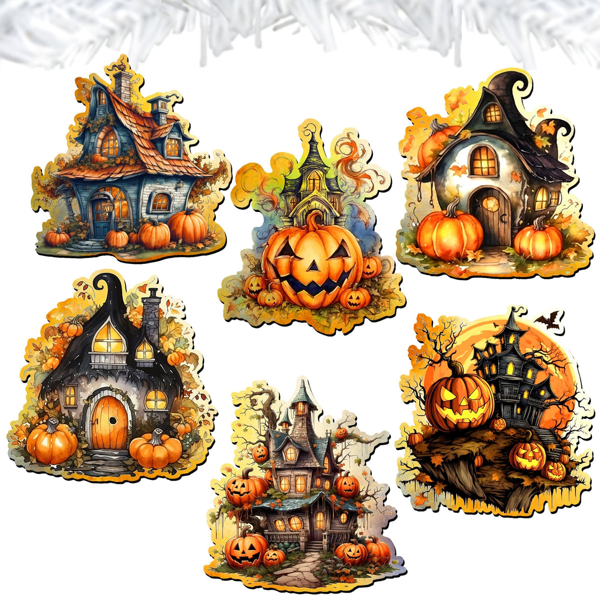 Spooky Houses Clip-On Eco Wood Decorative Ornaments Set of 6 by G. Debrekht - Halloween Decor - 8090007C-S6